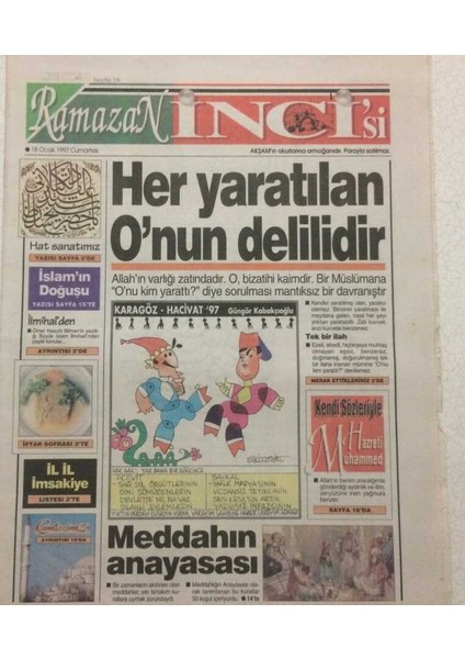 Akşam Gazetesi Inci Ramazan Eki 18 Ocak 1997 -Her Yaratılan Onun Delilidir GZ52155