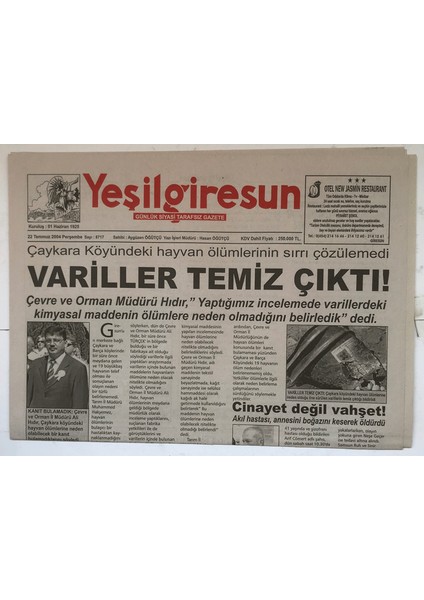 Yeşilgiresun Gazetesi 22 Temmuz 2004 - Çaykara Köyündeki Hayvan Ölümlerinin Sırrı Çözülemedi GZ5338