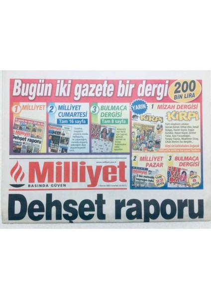 Milliyet Gazetesi - 7 Haziran 2003 - Dehşet Raporu,erdoğandan Cuma Hutbesi GZ46406 fiyatları