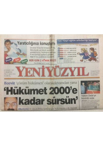 Yeni Yüzyıl Gazetesi 20 Eylül 1997 - Ecevit Hükümet 2000E Kadar Sürsün GZ34933