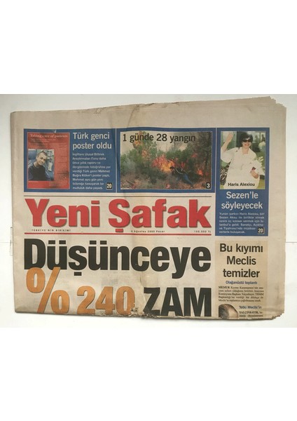 Yeni Şafak Gazetesi 6 Ağustos 2000 - 1 Günde 28 Yangın GZ5856