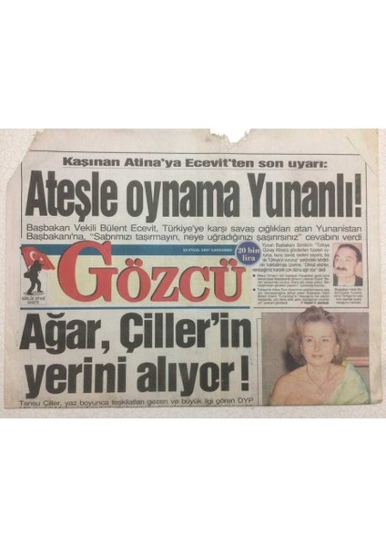 Gözcü Gazetesi 10 Eylül 1997 - Mehmet Ağar Çillerin Yerini Alıyor GZ47260