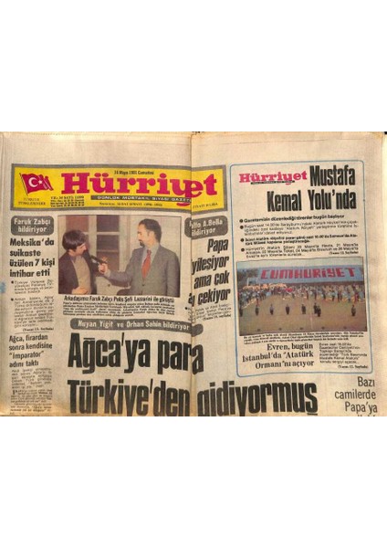 Hürriyet Gazetesi 16 Mayıs 1981 - Ağcaya Para Türkiyeden Gidiyormuş GZ69947 fiyatları