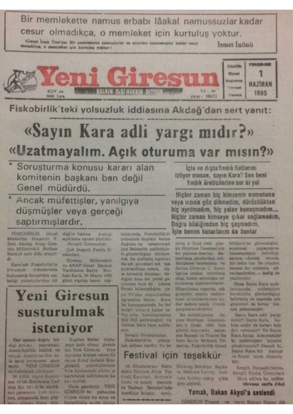 Yeni Giresun Gazetesi 1 Haziran 1995 - Giresunspor Yönetiminden Işbaşı GZ34671