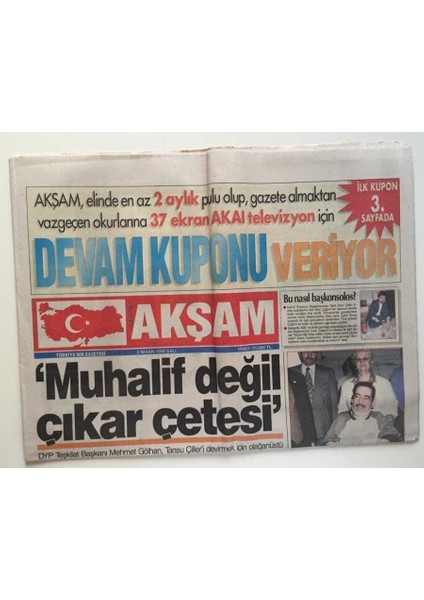 Akşam Gazetesi 2 Nisan 1996 -Siyaset Denizi Dalgalı Muhalif Değil Çıkar Çetesi GZ6575 fiyatları