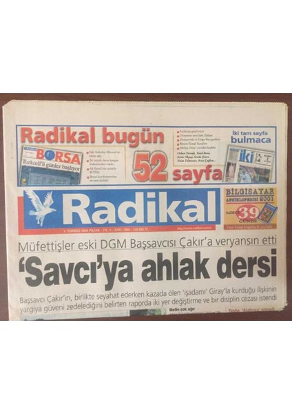 Radikal Gazetesi 9 Temmuz 2000 -Özelleştirme Mesut Yılmaza Teslim GZ6982 fiyatları