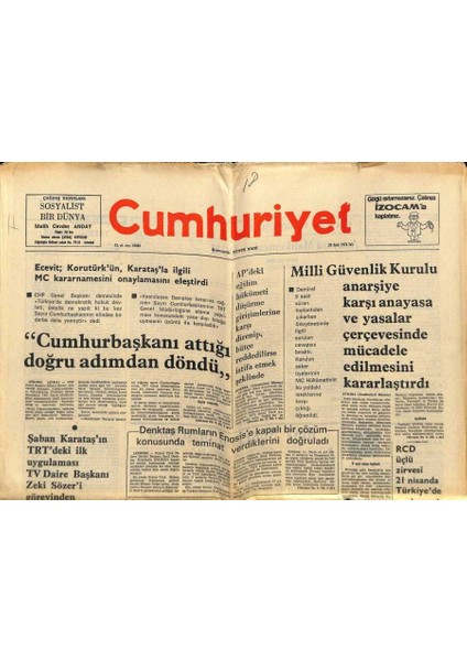Cumhuriyet Gazetesi 20 Ocak 1976 - Milli Güvenlik Kurulu Anarşiye Karşı Anayasa ve Yasalar Çerçevesinde Mücadele Edilmesini Kararlaştırdı GZ69859