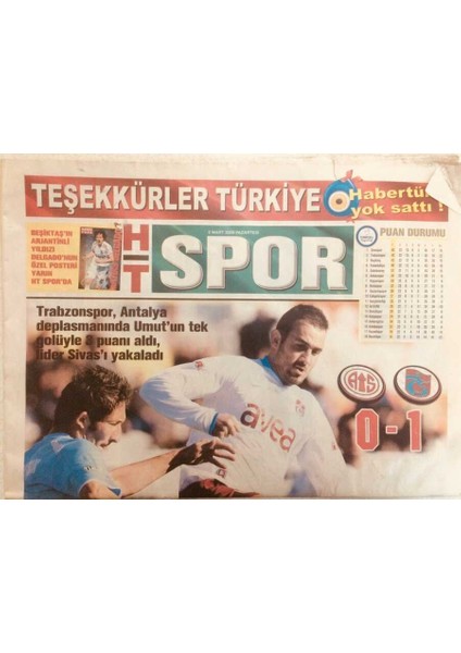 Haber Türk Gazetesi Spor Eki 2 Mart 2009 - Trabzonspor Antalya Deplasmanında GZ40155