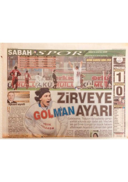 Sabah Gazetesi Spor Eki 22 Mart 2010 - Zirveye Golman Ayarı GZ40283