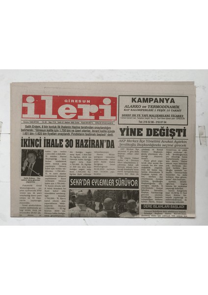 Giresun Ileri Gazetesi 27 Haziran 2003 - Ikinci Ihale 30 Haziran Da GZ5723 fiyatları