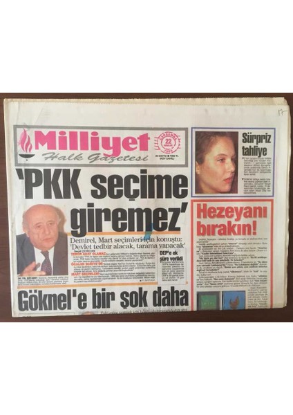 Milliyet Halk Gazetesi 22 Aralık 1993 - Demirel Yerel Seçimlerde Pkklılar Aday Olamaz GZ6789