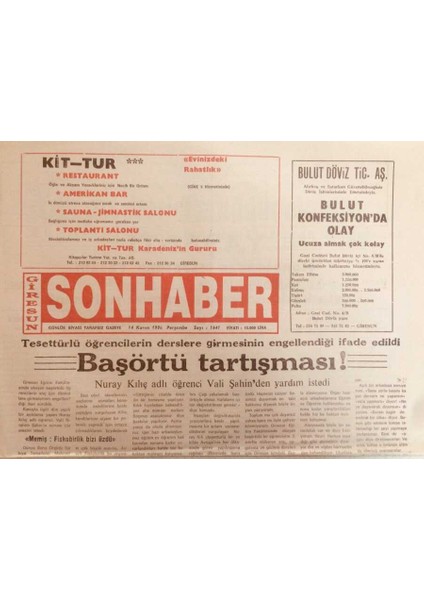 Giresun Son Haber Gazetesi 14 Kasım 1996 - Başörtü Tartışması! GZ38721