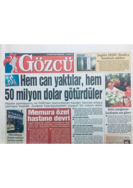 Gözcü Gazetesi 31 Mayıs 2003 - Memura Özel Hastane Devri GZ43169