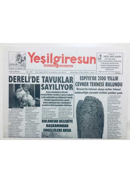 Yeşil Giresun Gazetesi 17 Ocak 2006 - Espiyede 2500 Yıllık Cevher Teknesi Bulundu GZ41664