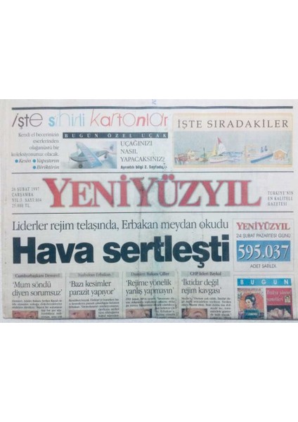 Yeni Yüzyıl Gazetesi 26 Şubat 1997 - Liderler Rejim Telaşında, Erbakan Meydan Okudu GZ43234 fiyatları