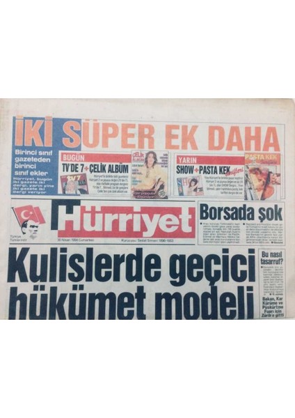 Hürriyet Gazetesi 30 Nisan 1994 - Kulislerde Geçici Hükümet Modeli GZ46898