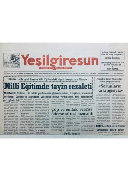 Yeşil Giresun Gazetesi 16 Haziran 1994 - Milli Eğitimde Tayin Rezaleti GZ41098