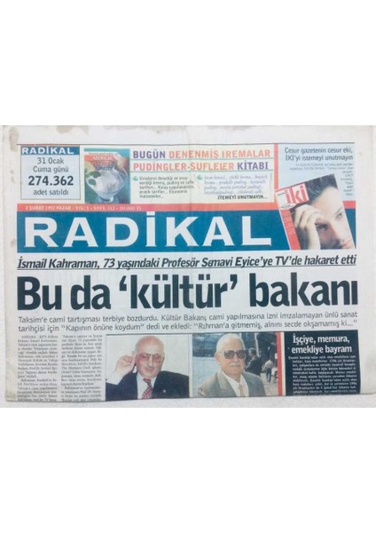 Radikal Gazetesi 2 Şubat 1997 - Ismail Kahraman, Semavi Eyiceye Hakaret Etti GZ42986