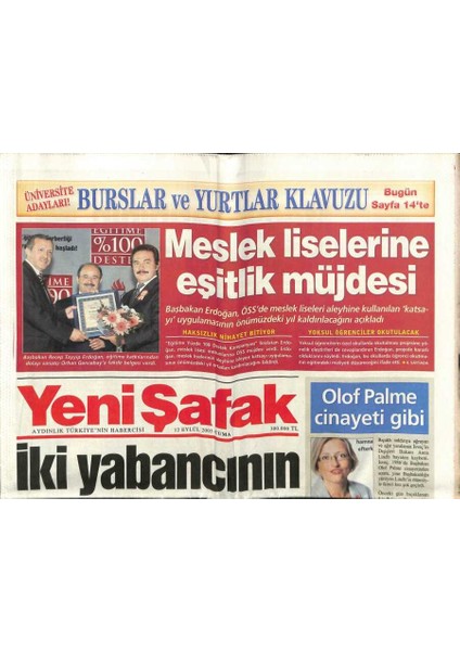 Yeni Şafak Gazetesi 12 Eylül 2003 - Recep Tayyip Erdoğan Orhan Gencebaya Taktir Belgesi Verdi GZ61406
