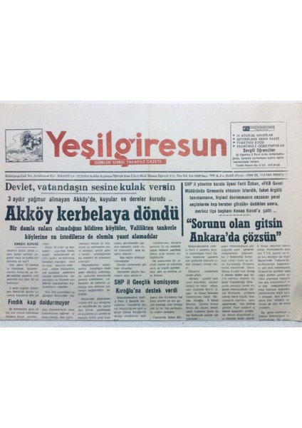 Yeşil Giresun Gazetesi 11 Ağustos 1994 - Akköy Kerbelaya Döndü GZ41158