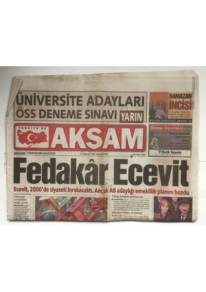 Akşam Gazetesi 27 Aralık 1999 - Avrupa Fırtınaya Teslim GZ5747 fiyatları