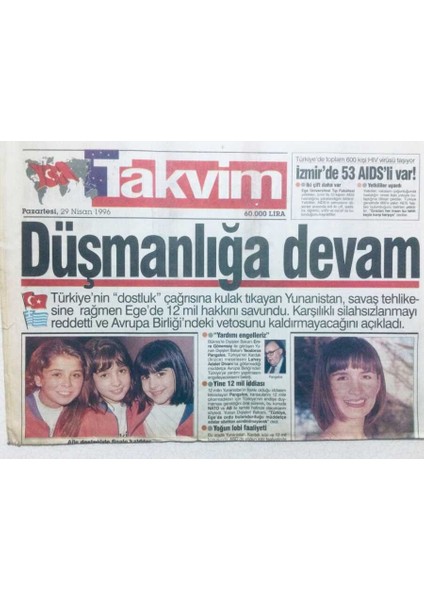 Takvim Gazetesi - 29 Nisan 1996 - Düşmanlığa Devam GZ42721