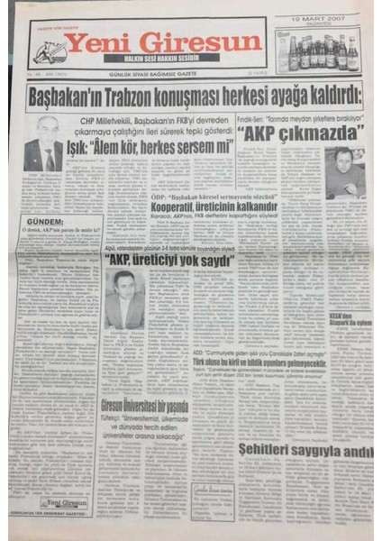 Yeni Giresun Gazetesi 19 Mart 2007 Başbakanın Trabzon Konuşması Herkesi Ayağa Kaldırdı GZ30790