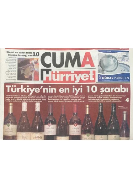 Hürriyet Gazetesi Cuma Eki 26 Eylül 2003 -Türkiyenin En Iyi 10 Şarabı GZ36305