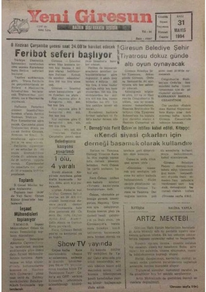 Yeni Giresun Gazetesi 31 Mayıs 1994 - Feribot Seferi Başlıyor GZ34869