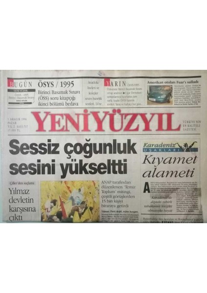 Yeni Yüzyıl Gazetesi 1 Aralık 1996 Susurluk Mhp Yi Ikiye Böldü Çatlıyı Seven ve Sevmeyenler -GZ37807