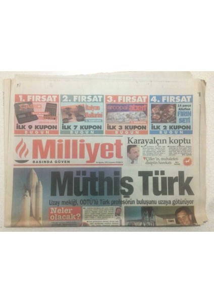 Milliyet Gazetesi 26 Ağustos 1995 - Uzay Mekiği Odtülü Türk Profesörün Buluşunu Uzaya Götürüyor GZ51514