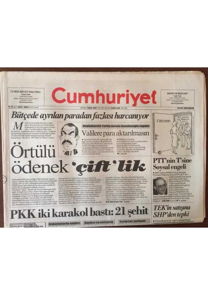 Cumhuriyet Gazetesi 16 Eylül 1993 - Örtülü Ödenekte Çifte Örtü GZ6740 fiyatları