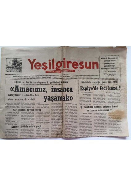 Yeşilgiresun Gazetesi 24 Ocak 1996 - Eğitim- Senin Kuruluşunun 1. Yıldönümü Kutlandı Amacımız Insanca Yaşamak GZ39111