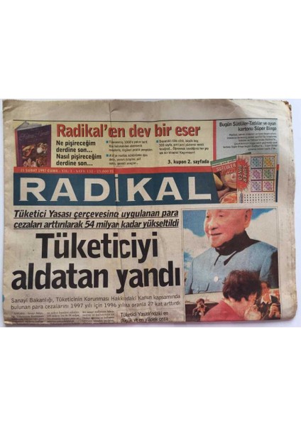 Radikal Gazetesi 12 Şubat 1997 - Tüketici Yasası Çerçevesinde Uygulanan Para Cezaları Arttırıldı Tüketiciyi Aldatan Yandı GZ39140