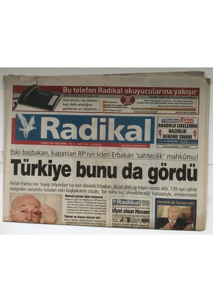 Radikal Gazetesi 7 Mart 2002 - Kabilde 5 Asker Öldü GZ5559 fiyatları