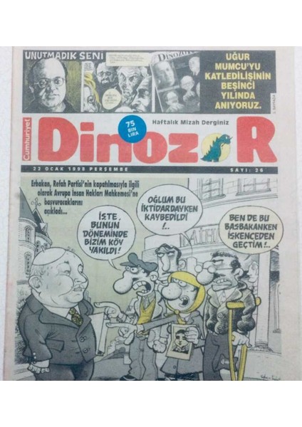 Cumhuriyet Gazetesi Dinozor Eki - 22 Ocak 1998 - Erbakan Refah Partisinin Kapatılması GZ41857