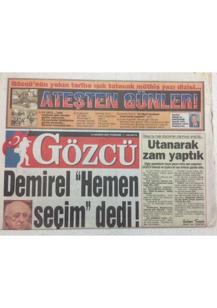 Gözcü Gazetesi 14 Haziran 2001 - Süleyman Demirel Hemen Seçim Dedi GZ52101