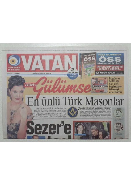 Vatan Gazetesi 4 Kasım 2005 - En Ünlü Türk Masonlar - Doğum Günü Hediyesi GZ52928