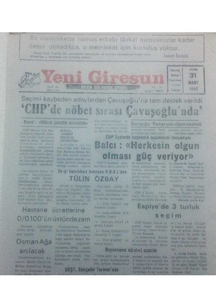 Yeni Giresun Gazetesi 31 Mart 1995 - Chpde Nöbet Sırası Çavuşoğlunda GZ42184