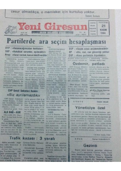 Yeni Giresun Gazetesi 21 Kasım 1994 - Partilerde Ara Seçim Hesaplaşması GZ40749