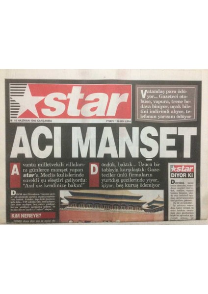 Star Gazetesi 16 Haziran 1999 - Acı Manşet GZ50982