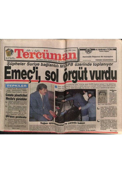 Tercüman Gazetesi 9 Mart 1990 - Emeçi Sol Örgüt Vurdu GZ76564