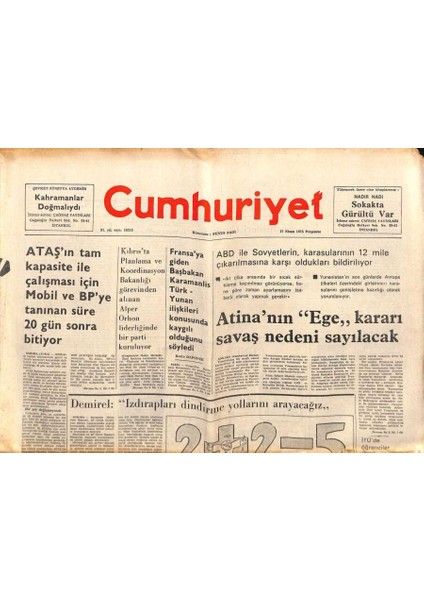 Cumhuriyet Gazetesi 17 Nisan 1975 - Istanbulda Bugün Phantomlarla Eğitim Uçuşu Yapılacak - Atinanın Ege Kararı Savaş Nedeni Sayılacak GZ98095