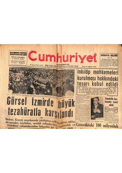 Cumhuriyet Gazetesi 19 Ağustos 1960 - Alparslan Türkeş Bir Ameliyat Geçirdi - Kıbrıs Türkleri Para Yardımı Istiyorlar GZ98100