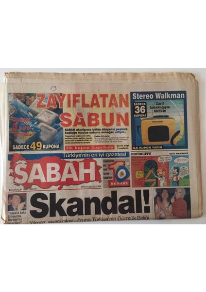 Sabah Gazetesi 3 Aralık 1995 - Mesut Yılmaz Siyasi Çıkar Uğruna Türkiyenin Gümrük Birliği Üyeliğini Tehlikeye Düşürdü GZ18525