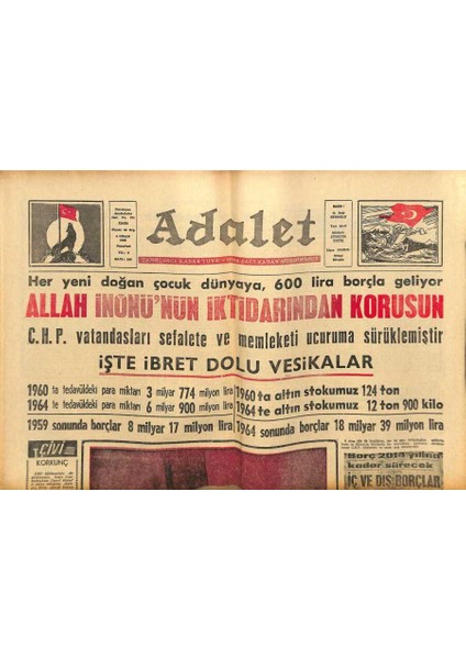 Adalet Gazetesi 8 Nisan 1965 - Inönü Iktidari , Adnan Menderes ve W. Churchill GZ109248