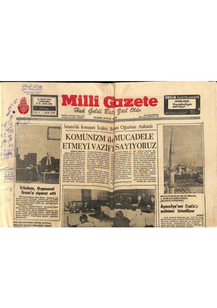 Milli Gazete Gazetesi 21 Nisan 1976 - Ayasofyanın Ibadete Açılması Isteniyor - Ankara Belediyesi Zabıta Mescidini Ibadete Kapattı GZ98330
