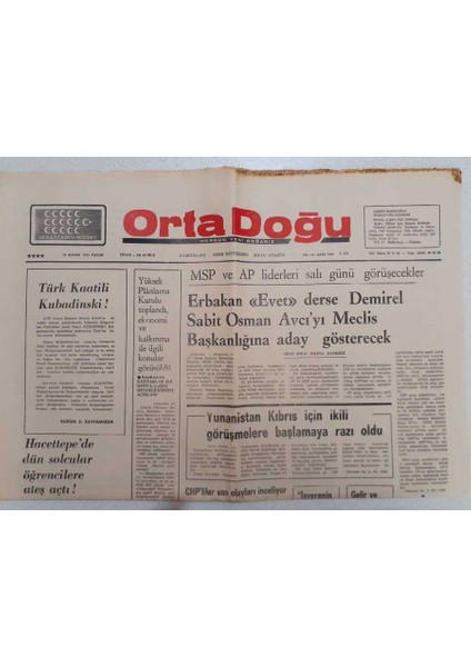 Ortadoğu Gazetesi - 16 Kasım 1975 - Erbakan Evet Derse Demirel Sabit Osman Avcıyı Meclis Başkanlığına Aday Gösterecek GZ111351