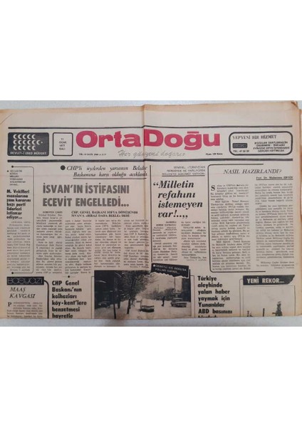 Ortadoğu Gazetesi - 11 Ocak 1977 - Isvanın Istifasını Ecevit Engelledi GZ111377