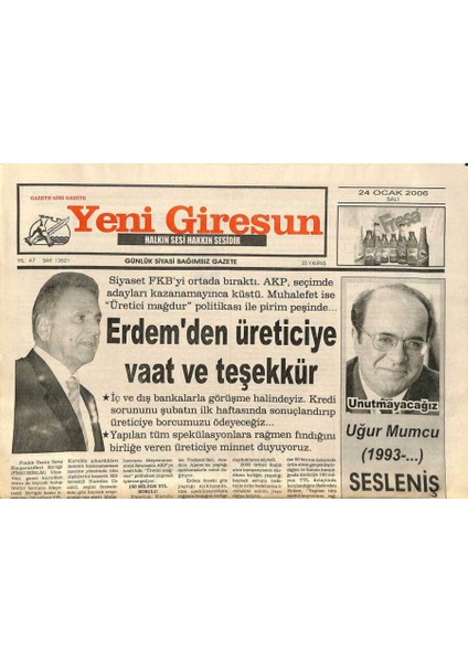 Yeni Giresun Gazetesi 24 Ocak 2006 - Uğur Mumcuyu Unutmayacağız GZ108842